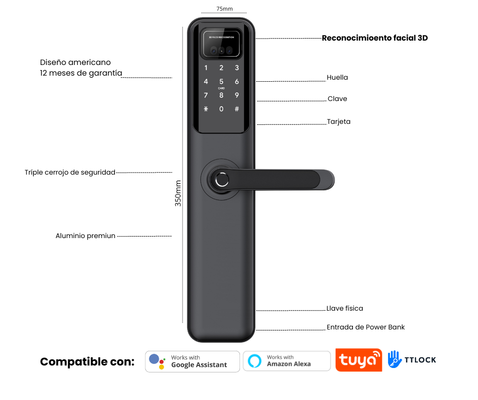 Cerradura SmartH9 con Face-ID y módulo Wi-Fi